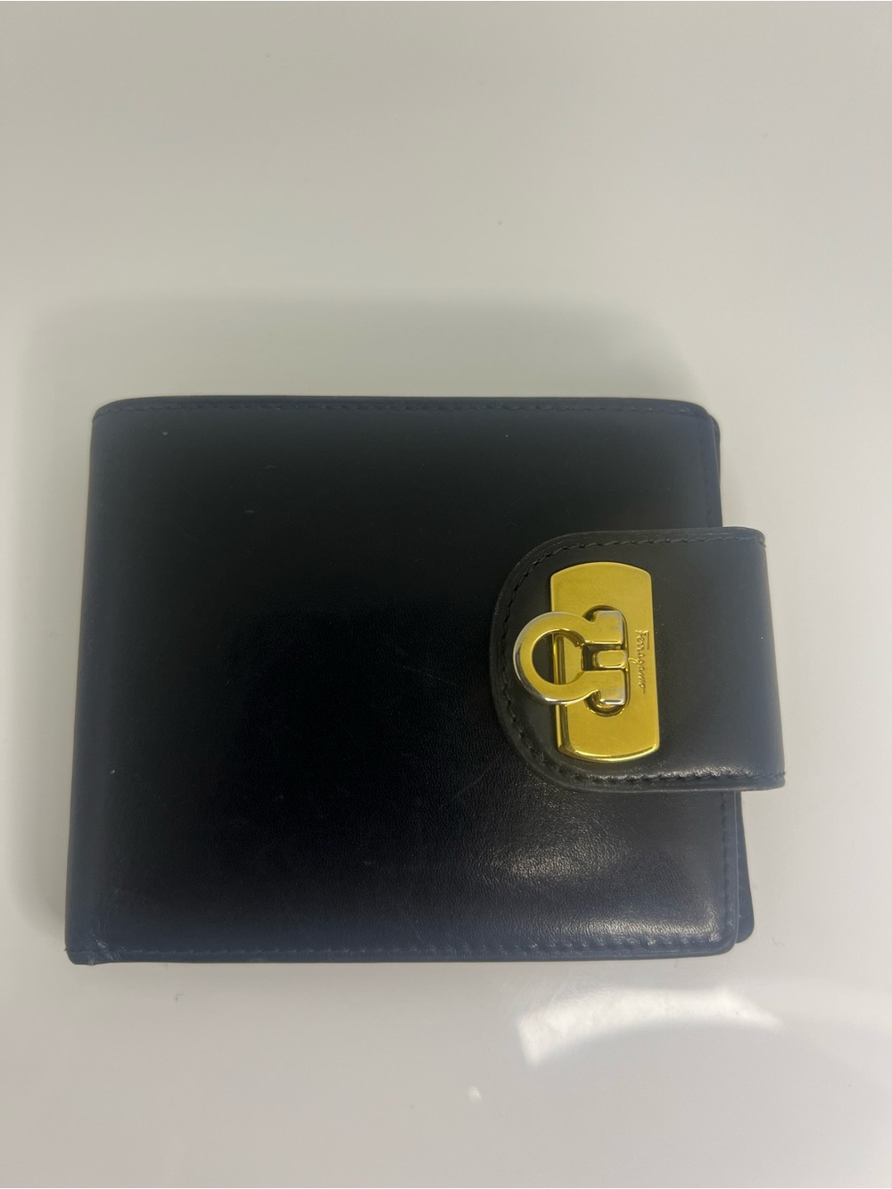 Salvatore Ferragamo Black Leather Money Clip Wallet with Gold Hardware